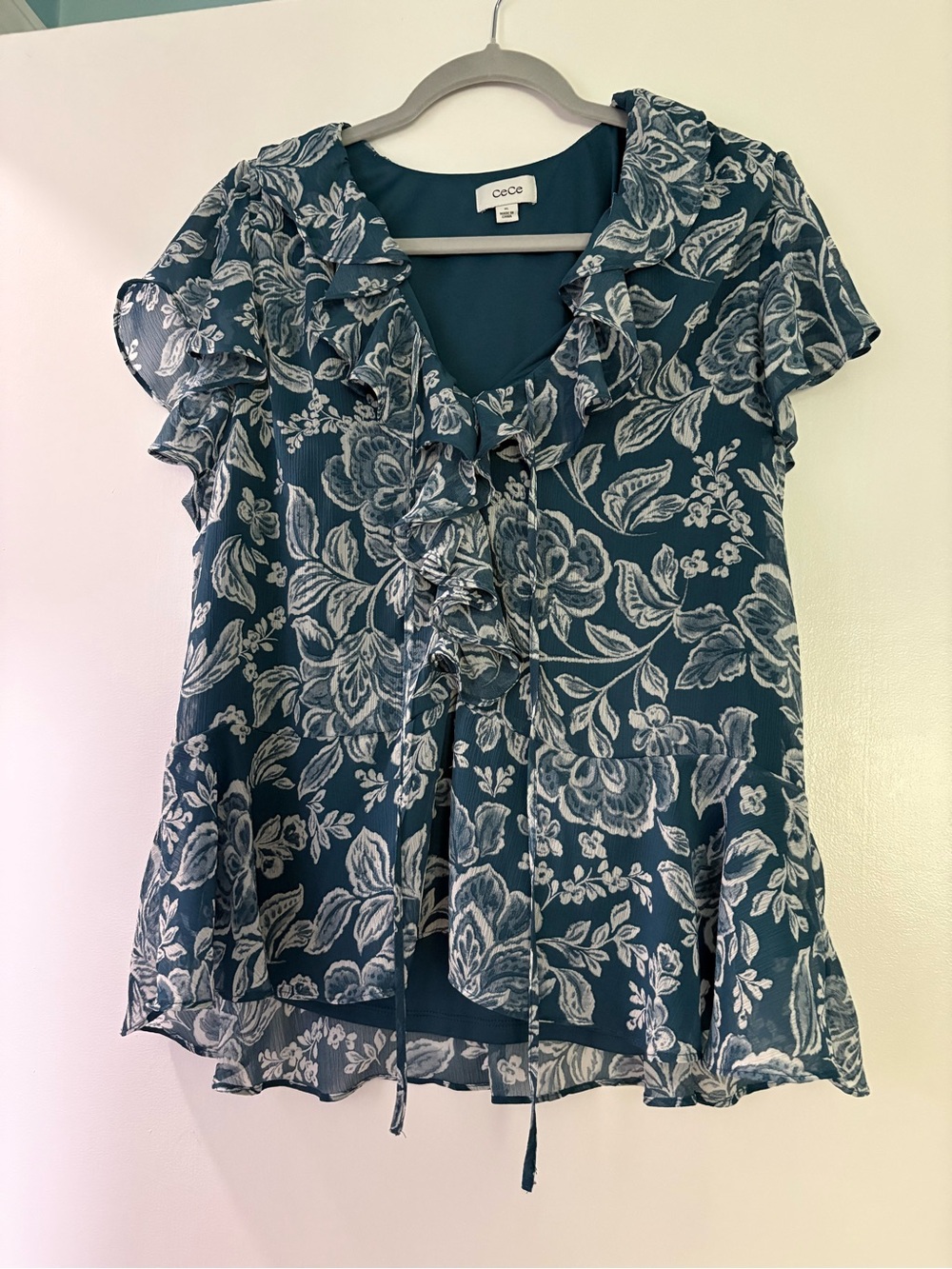 CeCe Teal Floral Ruffled Tie-Front Blouse